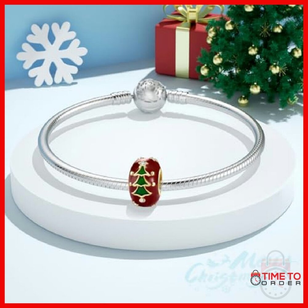 925 Sterling Silver Christmas Tree Charm Bracelet with Cubic Zirconia - Picture 3 of 8